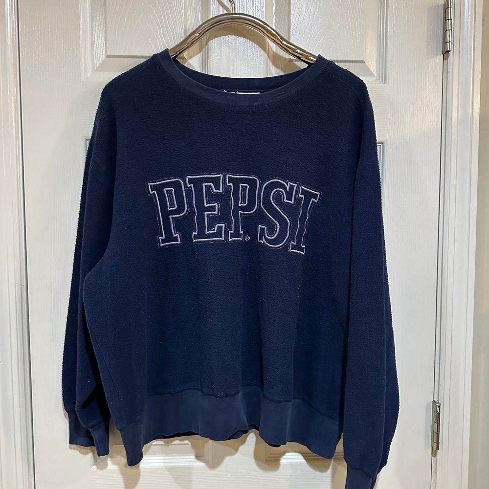 Vintage Pepsi Sweatshirt Mens XL Navy‎ Blue Embroidered Spellout Fleece 90s Crew